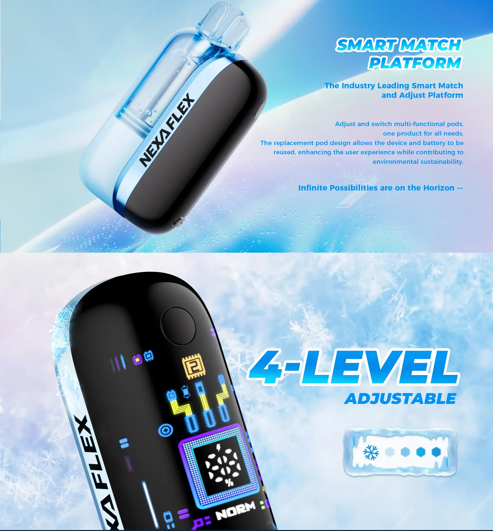 NEXA FLEX 40K rechargeable device and Flavor Booster pod design