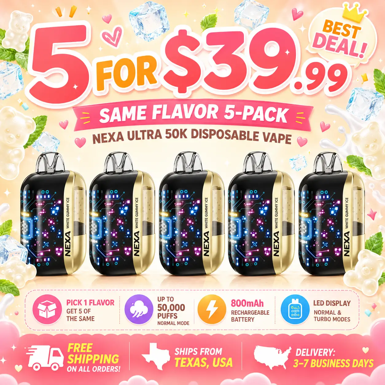NEXA ULTRA 50K Disposable Vape 5-Pack Same Flavor Bundle, 5 for $39.99, White Gummy Ice, Free Shipping
