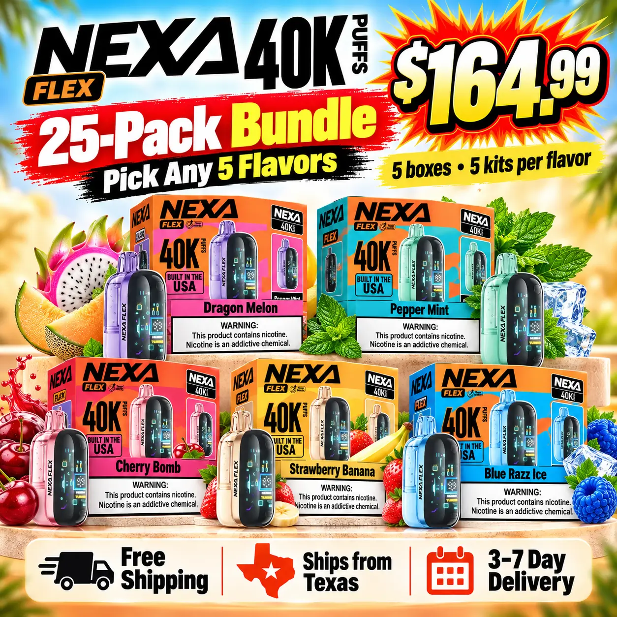 NEXA Flex Flavor Booster 40K 25-pack bundle with five 5-pack flavor boxes, priced at $164.99, shipped from Texas.