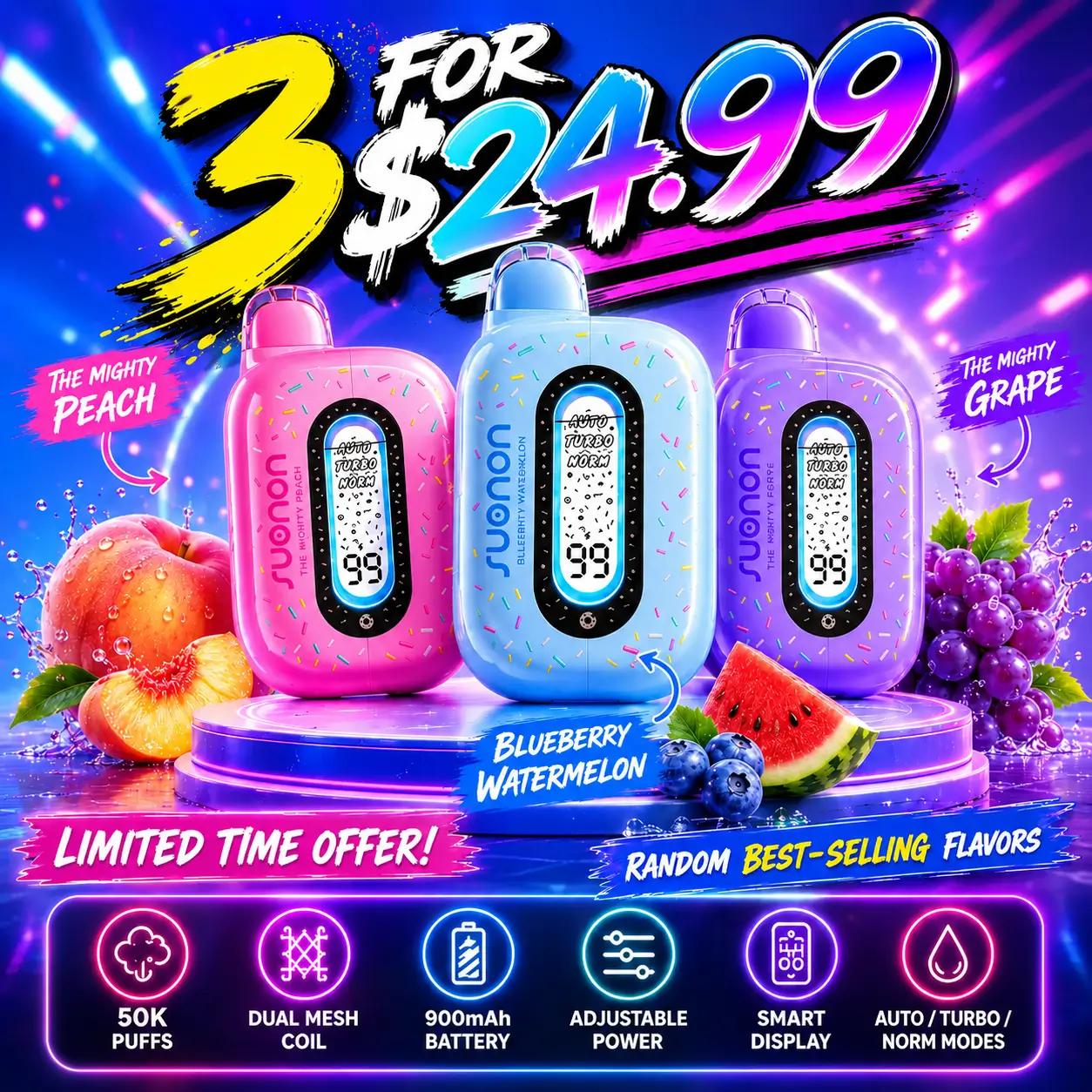 SUONON DONETE 50K disposable vape 3-pack for $24.99, featuring three colorful devices, fruity flavors and limited-time promotional pricing.