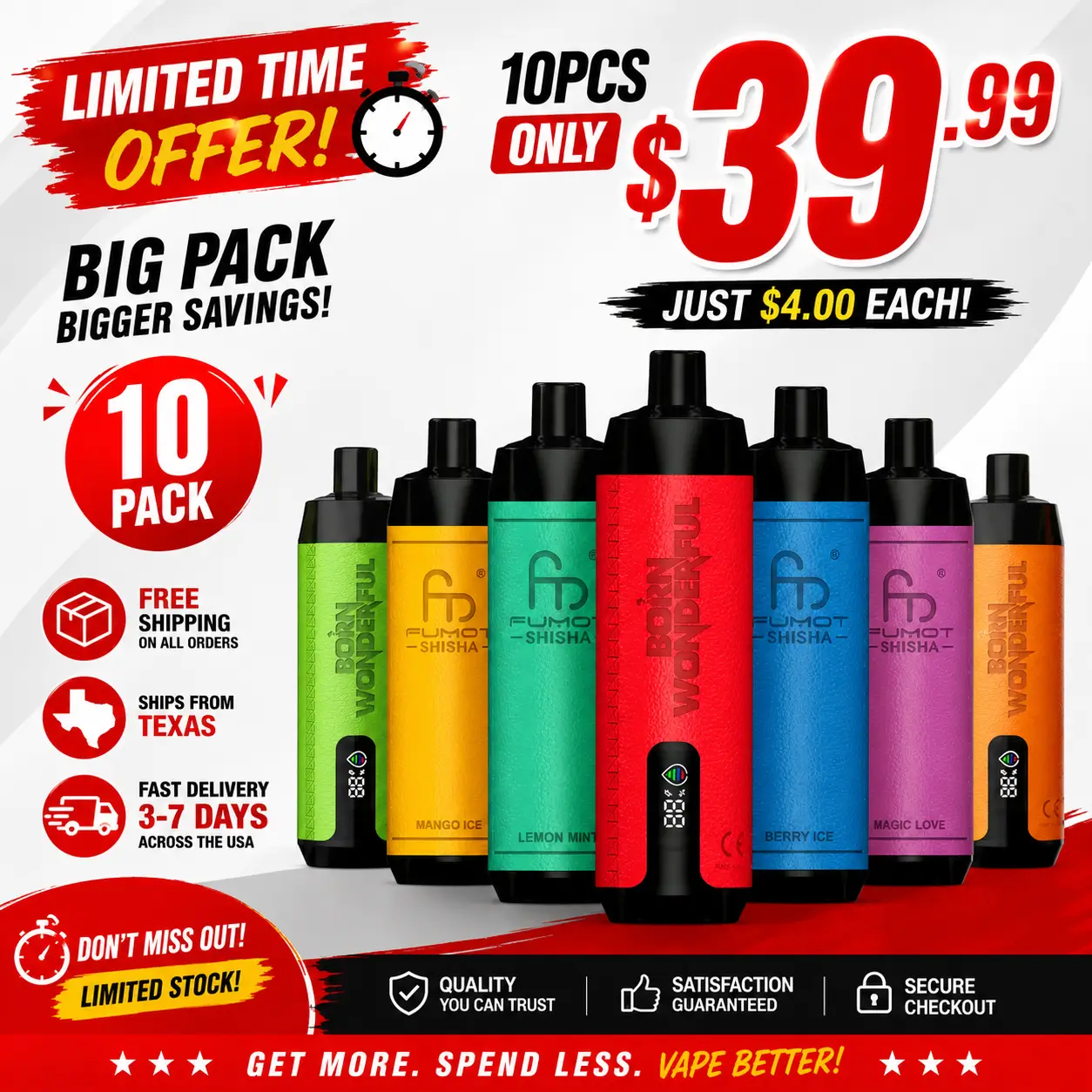 [10pcs] Fumot RandM Shisha 10000 Puffs Disposable Vape 18ml 0.8%